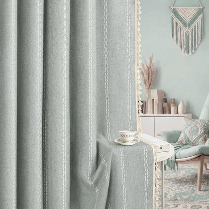 Teal Boho Blackout Curtains 96 Inches Long Light Green Linen Blend 2 Panels with Tassels and Cotton Embroidery, Farmhouse Vintage Rustic Rod Pocket Drapes for Living Room or Bedroom