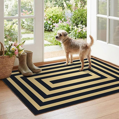 Modern Outdoor Rug - 28" x 43" Front Door Mat Indoor Outside Entrance Non-Slip Washable Outdoor Mat Black Tan Geometric Rug for Entryway Kitchen Bedroom Layered Doormat for Front Porch