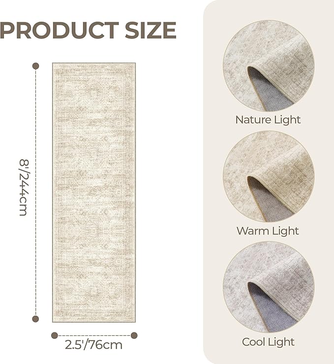 Kitchen Runner Rug Non Slip - 2.5 x 8 Runners for Hallways, Entryway, Bedroom, Washable Runner Rugs for Bathroom, Laundry Room, Low Pile Soft Vintage Area Rug(2.5'x8', Beige/Ivory)