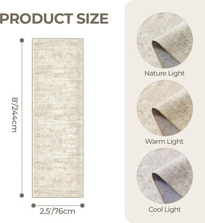 Kitchen Runner Rug Non Slip - 2.5 x 8 Runners for Hallways, Entryway, Bedroom, Washable Runner Rugs for Bathroom, Laundry Room, Low Pile Soft Vintage Area Rug(2.5'x8', Beige/Ivory)