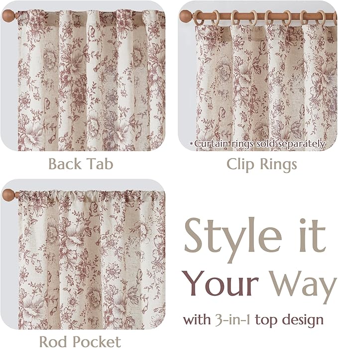 jinchan Linen Blend Curtain Floral Curtains for Living Room 54 Inch Length Farmhouse Brick Red Printed Curtain Rod Pocket Back Tab Peony Flower Patterned Drapes Curtains Set 2 Panels