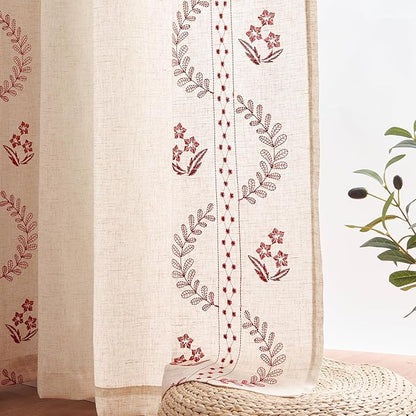 jinchan Belrose Linen Curtains for Bedroom Floral Curtains 84 Inch Length Linen Blend Burgundy Red Embroidered Drapes Farmhouse Flower Patterned Drapes for Living Room Window Treatments Set 2 Panels