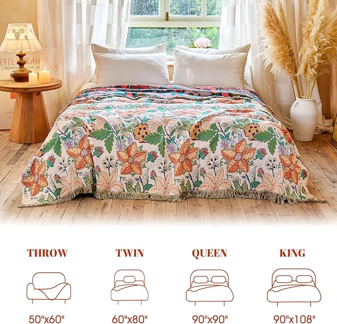 MSGKV Boho Throw Blanket for Bed Twin Size 100% Cotton Floral Blanket 60"x80" Lightweight Farmhouse Muslin Spring Breathable Couch Blankets Home Decor All Seasons
