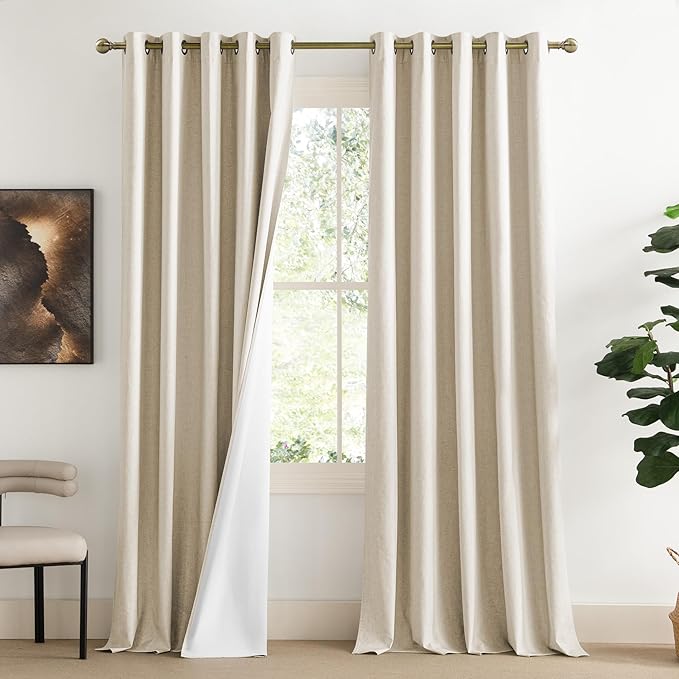 NICETOWN 100% Absolutely Blackout Linen Curtains with Thermal Insulated White Liner, Beige, W62, 2 Pieces, Noise Reducing Textured Linen Look Curtains for Windows 102 inch Length for Classroom