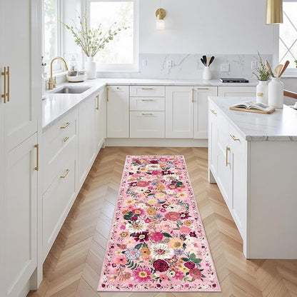 Pink Rug for Hallways Kitchen Rug 2x6, Non Slip Washable Rugs with Rubber Backing Soft Floral Carpet Runner for Hallways, Kitchen, Laundry, Bedroom, Bathroom (Pink Garden, 2 x 6)