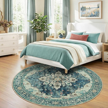 Area Rugs 7ft Washable Non-Slip, Floral Vintage Distress Print Pattern Medallion Carpet for Living Room Bedroom Dining Room, Dark Blue Vintage