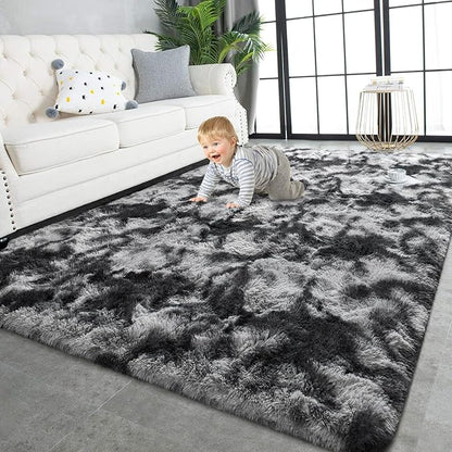 TWINNIS Super Soft Shaggy Rugs Fluffy Carpets 6x9 Feet, Indoor Modern Plush Area Rugs for Living Room Bedroom Kids Room Nursery Home Decor, Upgrade Anti-Skid Fuzzy Rug, Black and Grey