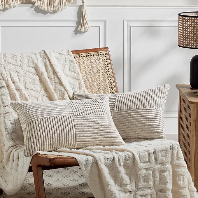 Fancy Homi 2 Packs Neutral Taupe Lumbar Decorative Throw Pillow Covers 14x24 Inch for Living Room Couch Bed Sofa, Farmhouse Home Decor, Soft Striped Corduroy Rectangle Accent Cushion Case 35x60 cm