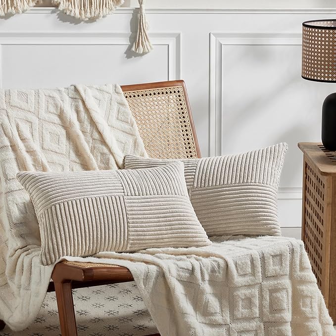 Fancy Homi 2 Packs Neutral Taupe Lumbar Decorative Throw Pillow Covers 16x28 Inch for Living Room Couch Bed Sofa, Farmhouse Home Decor, Soft Striped Corduroy Rectangle Accent Cushion Case 40x70 cm