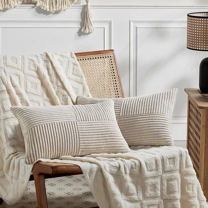 Fancy Homi 2 Packs Neutral Taupe Lumbar Decorative Throw Pillow Covers 16x28 Inch for Living Room Couch Bed Sofa, Farmhouse Home Decor, Soft Striped Corduroy Rectangle Accent Cushion Case 40x70 cm