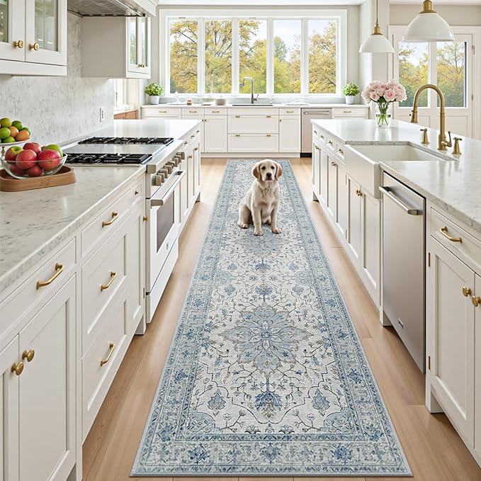 Area Rugs 2'6''x10' Runner Rug Non Slip Washable for Kitchen Hallway Bedroom Beside Laundry Room Bathroom Rug, Floor Carpet, Light Blue Navy Beige Gray White