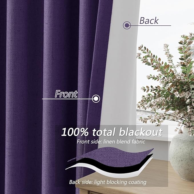 Guken 100% Blackout Curtains 108 Inch Length 2 Panels Set for Living Room Bedroom Back Tab Thermal Insulated Black Out Linen Drapes Room Darkening New Purple,52x108