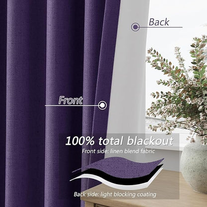 Guken 100% Blackout Curtains 102 Inch Length 2 Panels Set for Living Room Bedroom Back Tab Thermal Insulated Black Out Linen Drapes Room Darkening New Purple,52x102