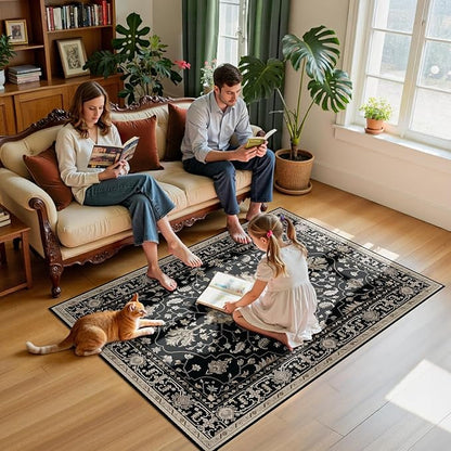 Area Rugs 4'x6' Washable Non-Slip, Floral Vintage Distress Print Pattern Medallion Carpet for Living Room Bedroom Dining Room, Black Brown Neutral Dark Tan