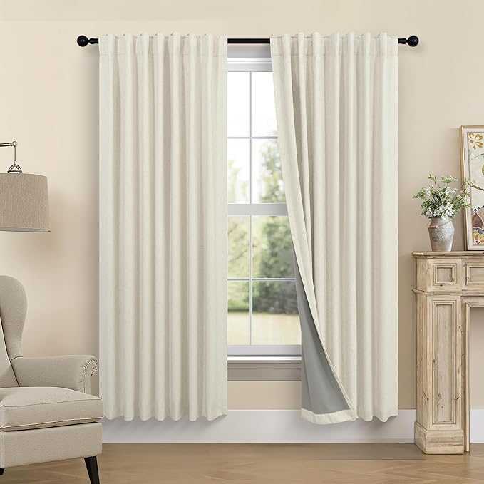 Black Out Burlap Curtains 63 Inch Long Faux Linen Farmhouse Bedroom Blackout Curtain 63 Inches Length 2 Panels Set Energy Saving Noise Reducing Nursery Drape for Bay Window Back Tab Pocket Cream Beige
