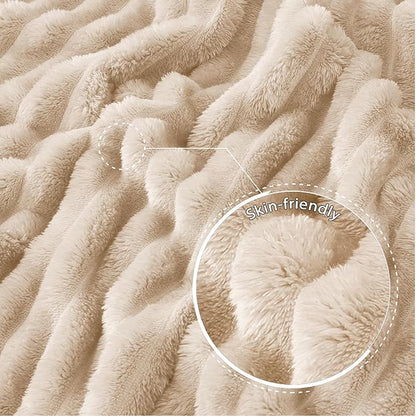 Exclusivo Mezcla Fleece Throw Blanket for Couch, Super Soft Striped Jacquard Bed Blanket, Lightweight Fuzzy Cozy for All Seasons, 50x60 Inches, Beige