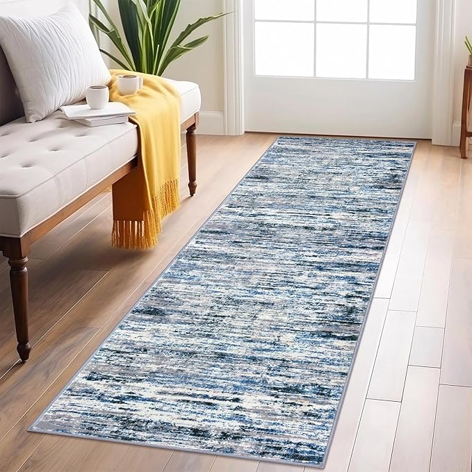 Lansny Modern Abstract Runner Rug 2x6, Grey Blue White Washable Kitchen Runner Non-Slip Soft Hallway Rug Runner Thin Print Faux Wool Carpet for Entryway Bedroom Laundry Room Indoor Home Decor