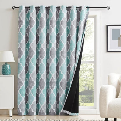 Beauoop 100% Blackout Curtains 96 Inches Long for Patio Sliding Door Aqua Grey Extra Wide Moroccan Geo Room Darkening Thermal Soundproof Room Divider Grommet Window Treatment Drapes,100x96 Set of 1