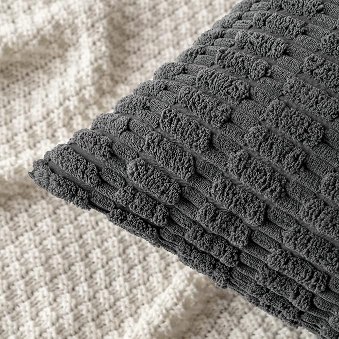 MIULEE Pack of 2 Corduroy Decorative Throw Pillow Covers 20x20 Inch Soft Boho Striped Pillow Covers Modern Farmhouse Home Decor for Sofa Living Room Couch Bed Dark Grey
