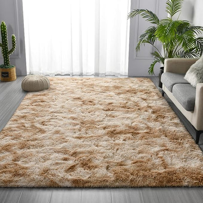 Deerhoo Large Shag Area Rugs 5 x 8, Tie-Dyed Plush Fuzzy Rugs for Living Room, Ultra Soft Fluffy Furry Rug for Bedroom, Indoor Carpet Nursery Rugs for Kids Room Home Decor, Beige