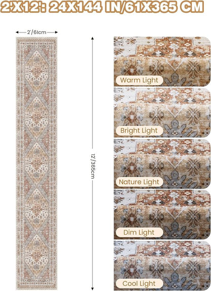 Hallway Runner Rug 2x12, Extra Long Washable Runner Rugs with Rubber Backing, Non Slip Runner, Vintage Rug Runners for Kitchen Laundry Room Entryway (Orange,2'x12')