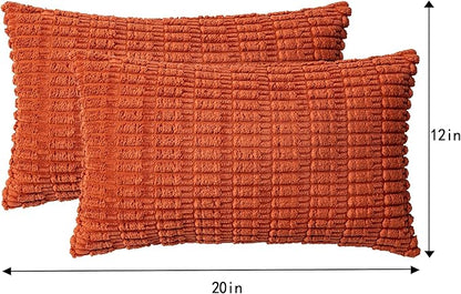 Pack of 2 Corduroy Decorative Throw Pillow Covers 12x20 InchSoft Boho Striped Pillow Covers Modern Farmhouse Home Decor for Sofa Living Room Couch Bed（Rust）