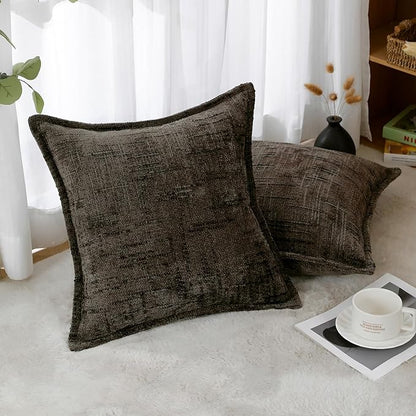 HPUK Fall Chenille Soft Throw Pillow Covers 18x18 Set of 2, Accent Cushion Covers for Living Room, Bedroom, Decorative Solid Color Pillow Covers for Couch, Sofa, Chair, Charcoal