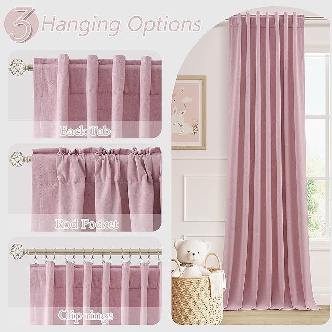 Guken 100% Blackout Curtains 120 Inch Length 2 Panels Set for Living Room Bedroom Back Tab Thermal Insulated Black Out Linen Drapes Room Darkening Rose,52x120