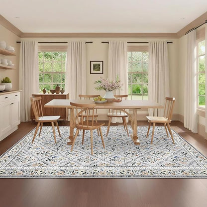 GarveeHome Living Room Rug 5x7 Rug Machine Washable Stain Resistant Area Rug Non Slip Floral Vintage Low Pile Rugs for Living Room, Bedroom, Farmhouse, Dining Room, Kids PlayroomGrey Beige