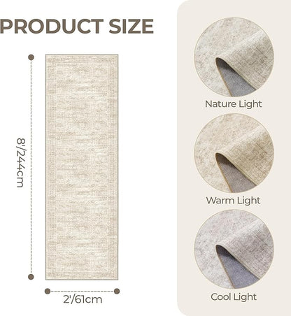 Rug Runners for Hallways Non Slip - 2x8 Runner Rug for Bedroom, Washable Runner with Rubber Backing, Soft Low-Pile Carpet for Kitchen, Laundry, Bathroom (2'x8', Beige/Ivory)
