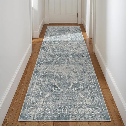 Washable 3x8 Runner Rug - Non-Slip Vintage Runner Rug for Entryway Low-Pile Medallion Long Rugs for Hallway Waterproof Traditional Runner Rug Indoor Thin Rug for Kitchen (Muted Blue)