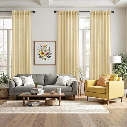 Nanspring Cream Yellow Linen Curtains 90 Inches Long for Living Room Light Filtering Modern Farmhouse Sheer Curtains Back Tab and Rod Pocket Curtain for Bedroom Office 52x90, 2 Panels