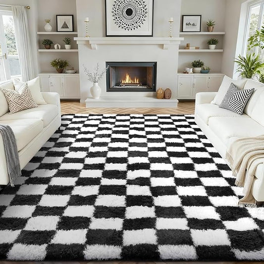 Ophanie Checkered Black & White Rug for Living Room Bedroom, Fluffy Soft Cute Fuzzy Area Rugs, Shag Plush Shaggy Bedside Floor 8x10 Furry Carpet for Kids Baby Teen Dorm Nursery Home Decor Aesthetic