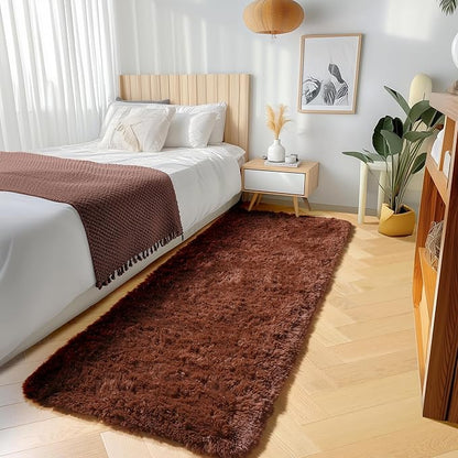 ONASAR Brown Runner Rugs for Bedroom Living Room, Fluffy 2x6 Bedside Hallway Area Rug, Ultra Soft Plush Furry Faux Fur Non Slip Floor Carpet for Nursery Kids Dorm Closet Home Decor