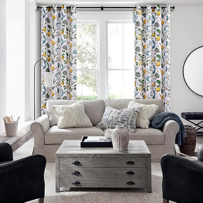 Topfinel 102 Inches Long White Luxury Curtains for Living Room Bedroom, Blackout Vintage Art Deco Victorian Curtains Floral Lemon Hummingbird Printed Grommet Drape 102 Inch Length
