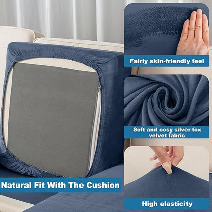 Couch Cover 8-Piece Elastic Velvet Couch Cushion Covers & Chaise Slipcovers for L-Shaped Sofas, Sofa Seat Covers Washable, Soft Cover for Couches (7 Seater + Chaise, Berlin Blue)