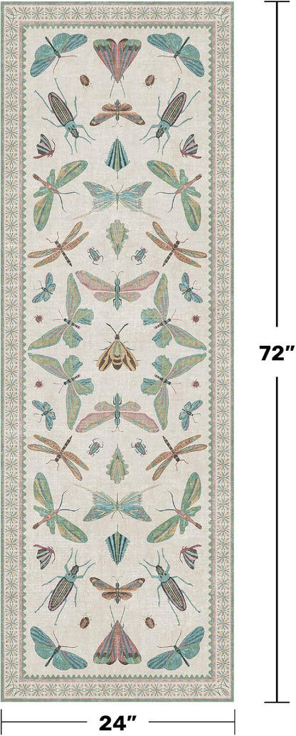 Hazo Haus Boho Bathroom Runners - 2x6 Blue and Green Rug for Kitchen, Entry Way, Non Slip Washable Butterfly Insect Print Home Decor