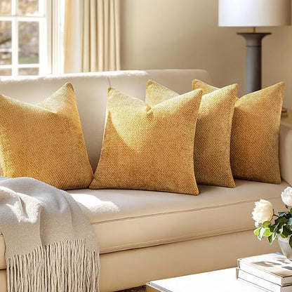 MIULEE Pack of 4 Couch Throw Pillow Covers 20x20 Inch Gold Soft Decorative Chenille Pillow Covers Farmhouse Accent Cushion Covers for Boho Spring Home Decor Sofa Bedroom Living Room