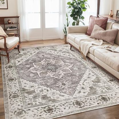 SERISSA 5x7 Boho Area Rug, Washable Large Rugs for Living Room, Ultra Soft Non-Slip Bedroom Rug Print Distressed Vintage Farmhouse Carpet Earth Tone Rug for Dining Room Office Home Decor
