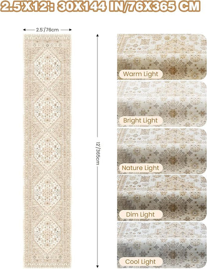 Carpet Runners for Hallway 12ft, Non-Slip Long Bathroom Rugs Runner for Kitchen, Living Room, Soft Vintage Washable Rug for Entryway, Thin Floor Mat for Dining Room(Cream/Beige,2.5'x12')