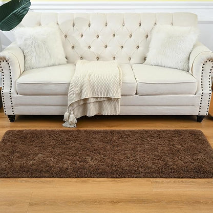 Goideal Fluffy Runner Rug for Bedroom Living Room, 2x6 Brown Bedside Rugs, Faux Fur Shag Modern Carpet Ultra Soft Girls Boys Room Home Decor, Solid
