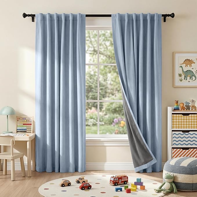RYB HOME Linen Texture Curtains for Bedroom, 100% Blackout Thermal Insulated Curtains, Rod Pocket&Back Tab Room Darkening Drapes Luxury Decor for Living Room Nursery, W52xL108, 2 Panels, Smoky Blue