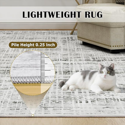 5x7 Area Rugs Washable Rug: Anti-Skid Abstract Modern Living Room Rug Soft Thin Carpets Indoor Floor Non-Shedding Carpet for Bedroom Dining Farmhouse Nursery Home Office (White Gray, 5'x7')