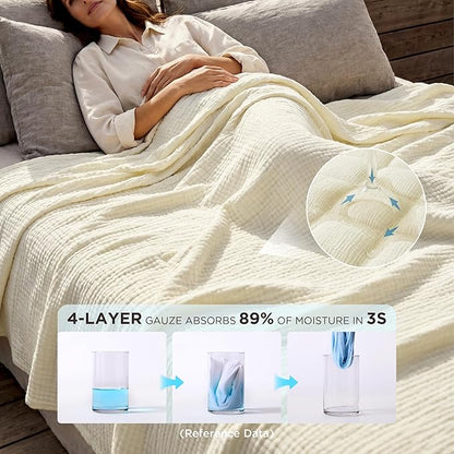 Bedsure 100% Cotton Muslin Blanket Queen Size for Bed - 4-Layer Breathable and Lightweight Thin Soft Summer Gauze Muslin Blankets for Adults, Cream, 90x90 Inches