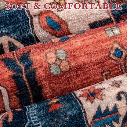 SERISSA Area Rug 4x6 Boho Rugs for Bedroom, Washable Non-Slip Living Room Rugs, Ultra Soft Vintage Print Distressed Rust Rug Low-Pile Throw Carpet for Entry Bedroom Nursery Kitchen Dorm Decor