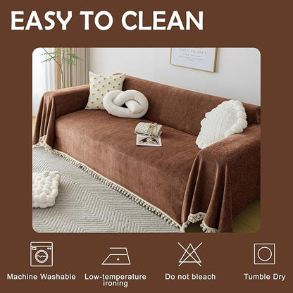 HANDONTIME Boho Style Sofa Cover with Tassels, Washable & Non-Slip Couch Cover for 3 Cushion Sofa, Herringbone Pattern Pet-Friendly Sofa Slipcover, Chocolate Color, 71"x134", Living Room Decor