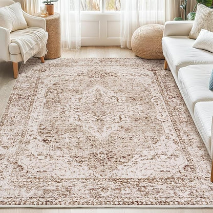Lofus 4x6 Area Rugs for Living Room, Washable Area Rug, Rugs for Bedroom, Kitchen, Vintage Boho Carpet, Soft Non-Slip, Low Pile Large Area Rug for Office Dining Room, Vintage Beige Brown