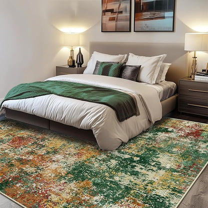 Washable Area Rugs 6'x9' Non-Slip Modern Abstract Soft for Living Room Entryway Bedroom Nursery, Print Pattern, Green Orange Rust Red Cream Colorful