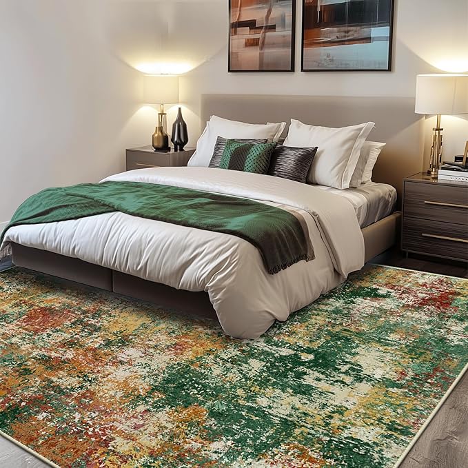 Washable Area Rugs 8'x10' Non-Slip Modern Abstract Soft for Living Room Entryway Bedroom Nursery, Print Pattern, Green Orange Rust Red Cream Colorful
