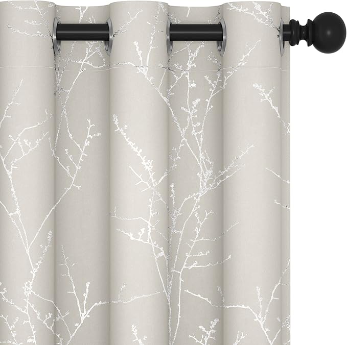 Deconovo Beige Blackout Curtains, Boho Farmhouse Curtain, Thermal Insulated Soundproof Drapes, Silver Branch Print, 42 x 84 Inch Long, Machine Washable Window Panels for Living Room Bedroom, Set of 2